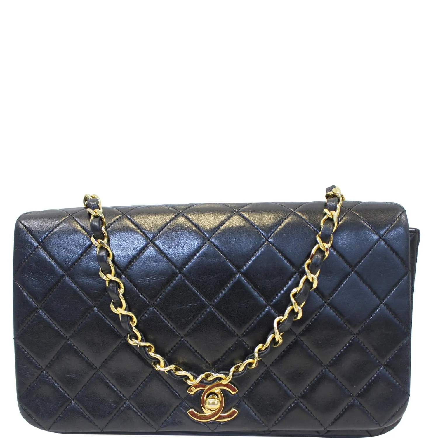 CHANEL Vintage Single Flap Quilted Lambskin Shoulder Bag Black
