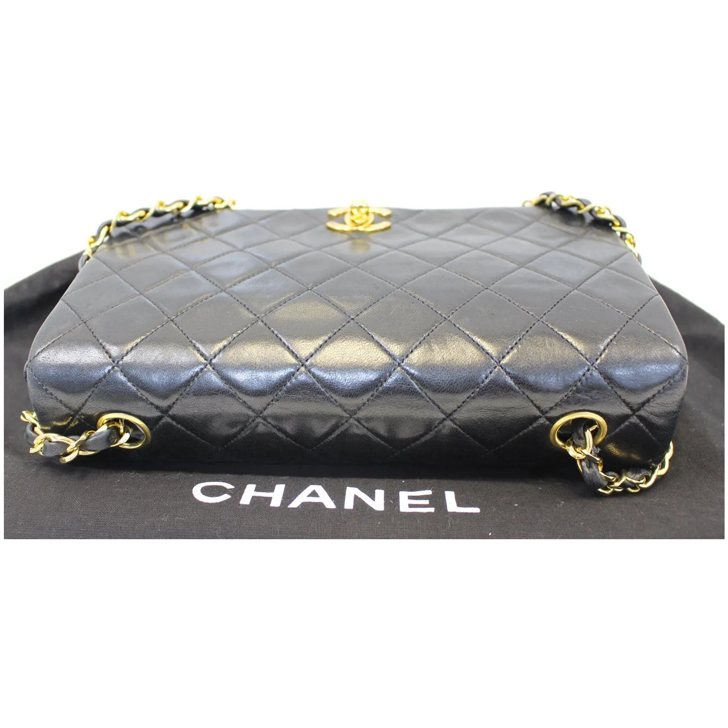 CHANEL Vintage Single Flap Quilted Lambskin Shoulder Bag Black