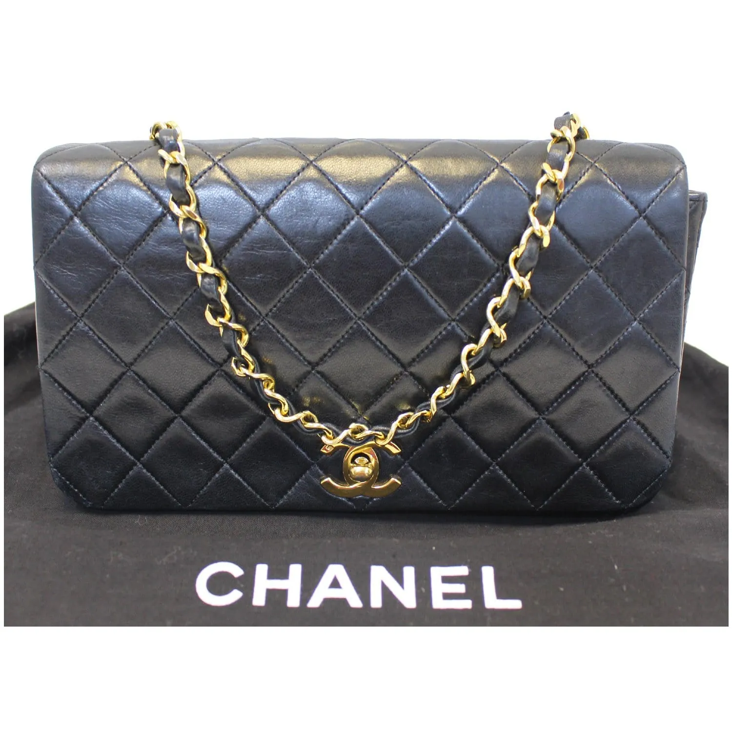CHANEL Vintage Single Flap Quilted Lambskin Shoulder Bag Black