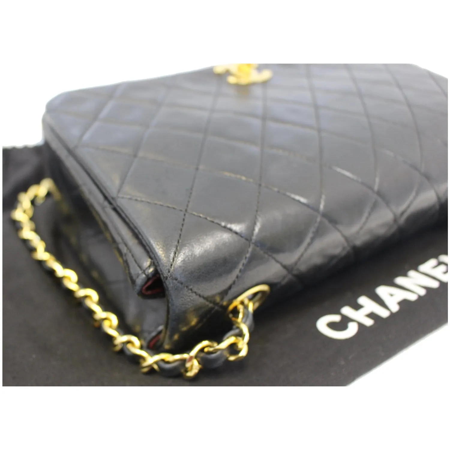 CHANEL Vintage Single Flap Quilted Lambskin Shoulder Bag Black