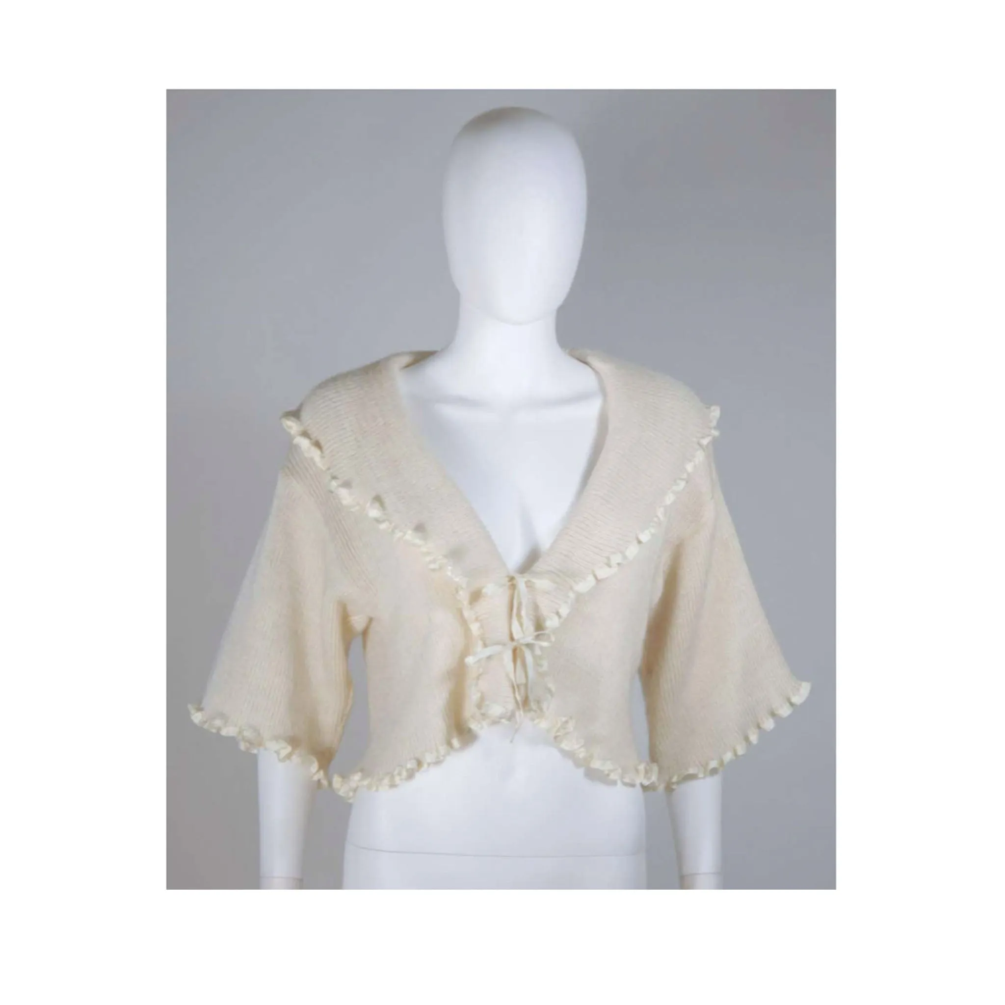 CHRISTIAN DIOR Cashmere Tie Front Sweater w/ Ruffled Edges Size 6