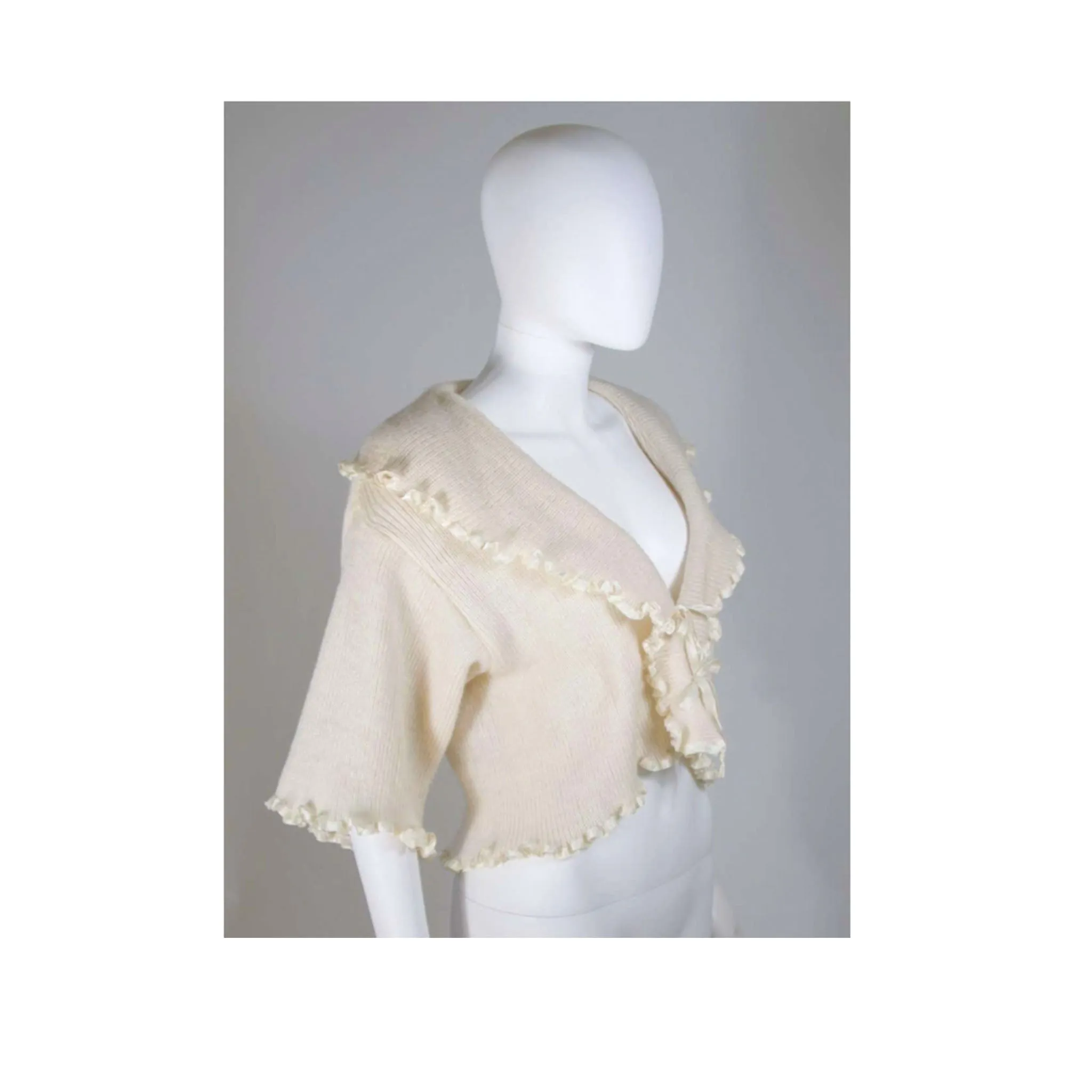 CHRISTIAN DIOR Cashmere Tie Front Sweater w/ Ruffled Edges Size 6