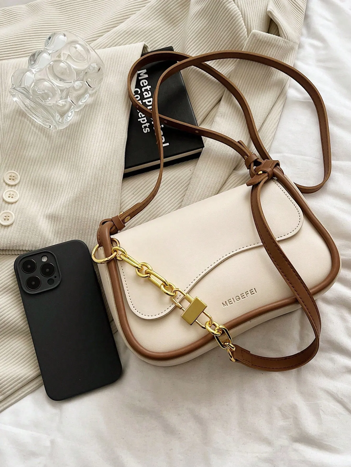 Color block Small Saddle Bag - Beige