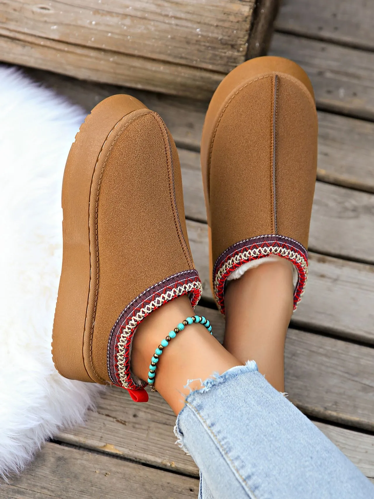 Creamtopmall Low-top fleece lining slip-on snow boots