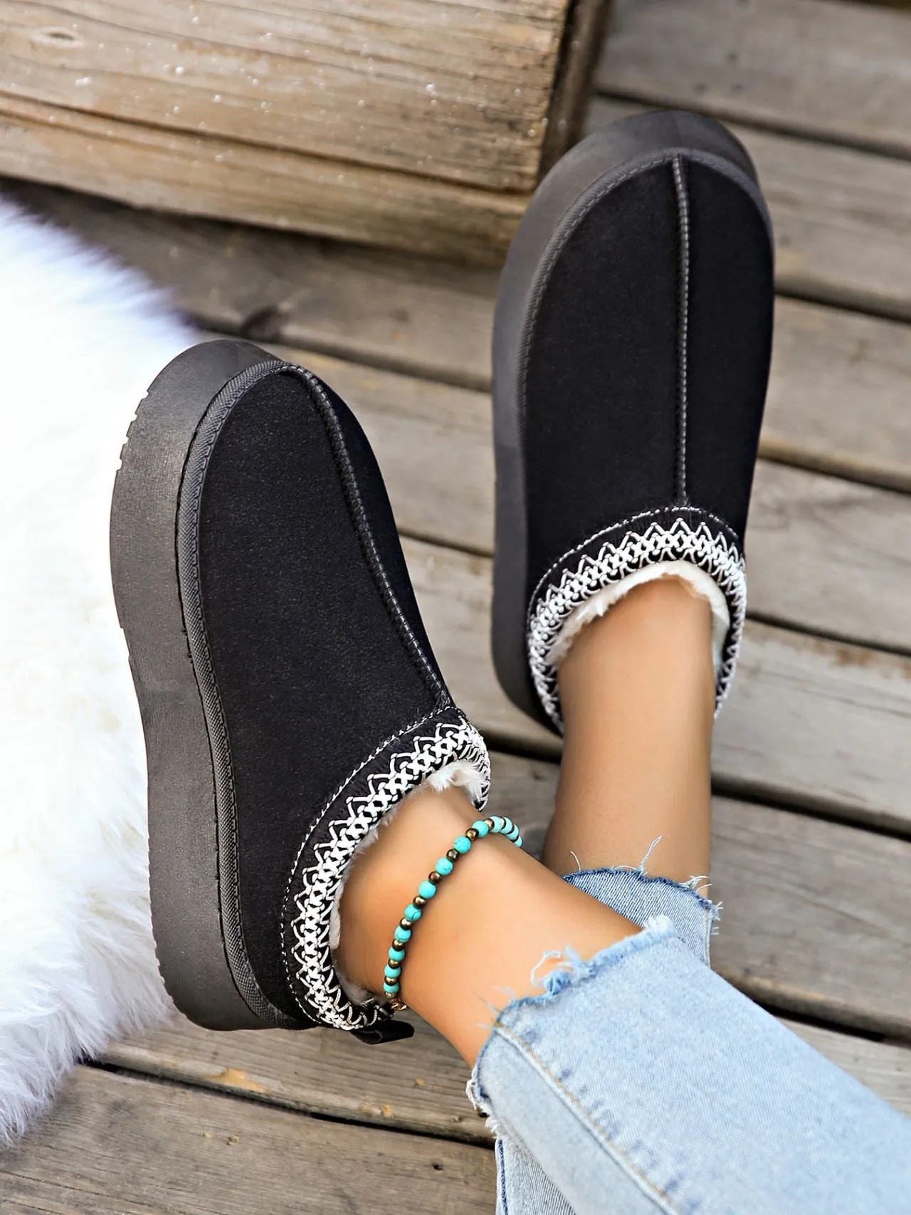 Creamtopmall Low-top fleece lining slip-on snow boots