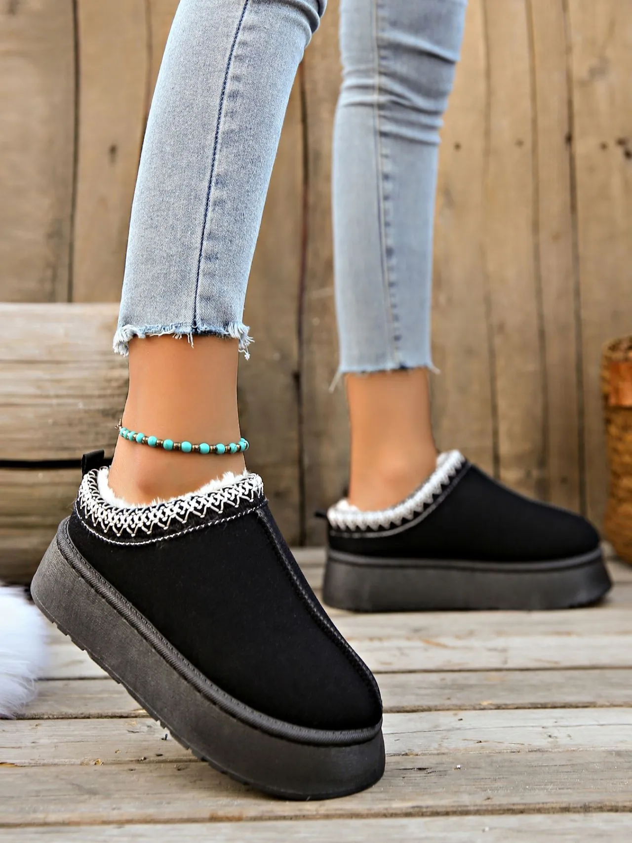 Creamtopmall Low-top fleece lining slip-on snow boots