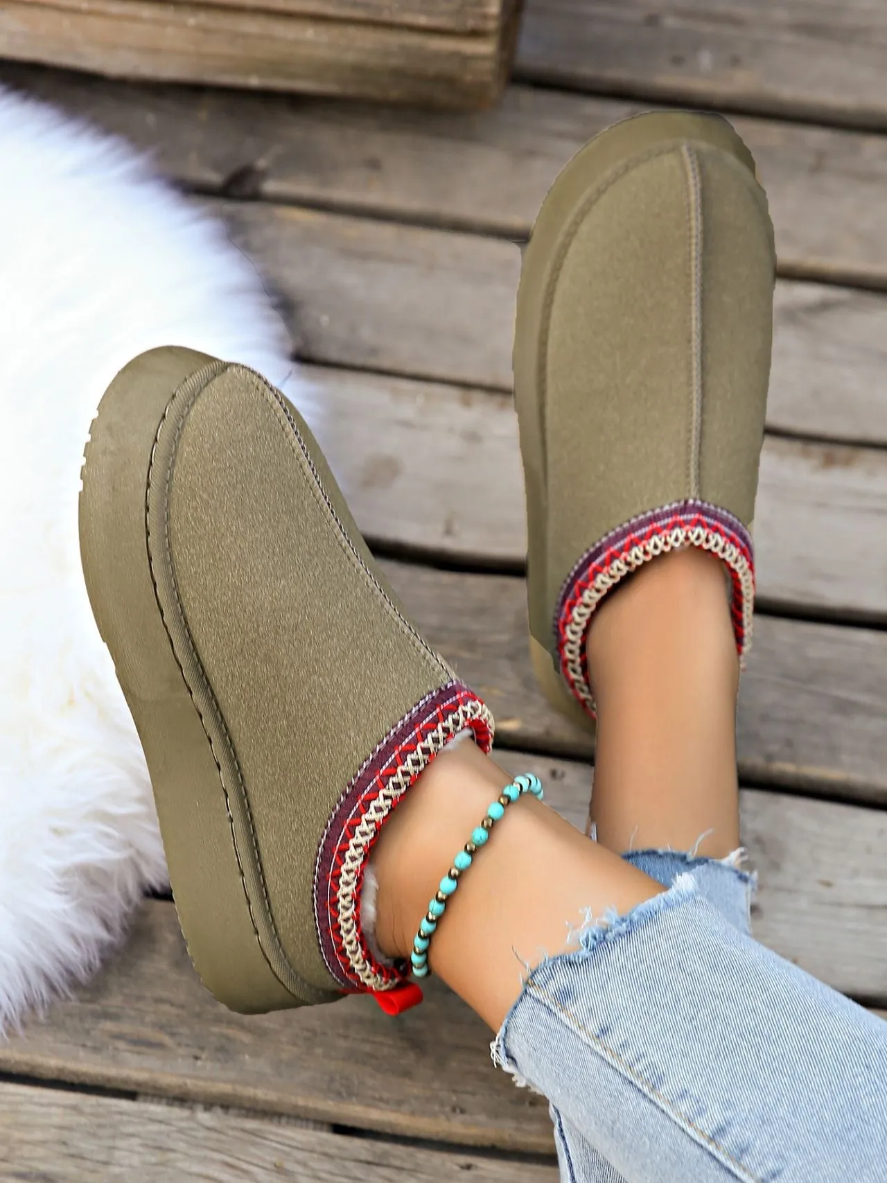 Creamtopmall Low-top fleece lining slip-on snow boots