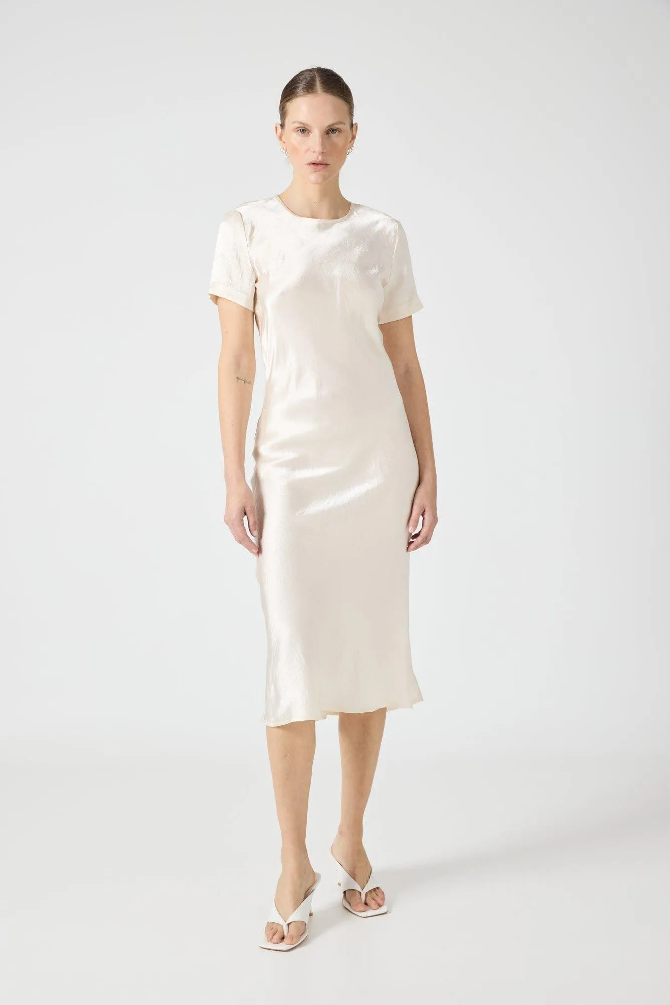CRUSH BIAS TEE MIDI DRESS | CREAM