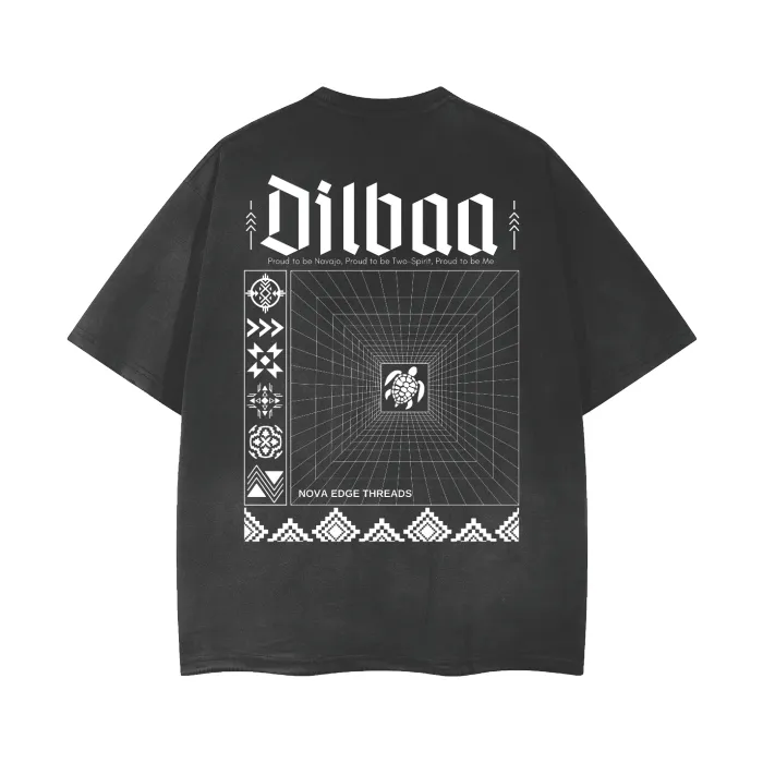 Dilbaa Two Spirit Pride Navajo Nation Streetwear Graphic Tee on Black Gray Vintage Wash Frayed T-Shirt - 260 GSM