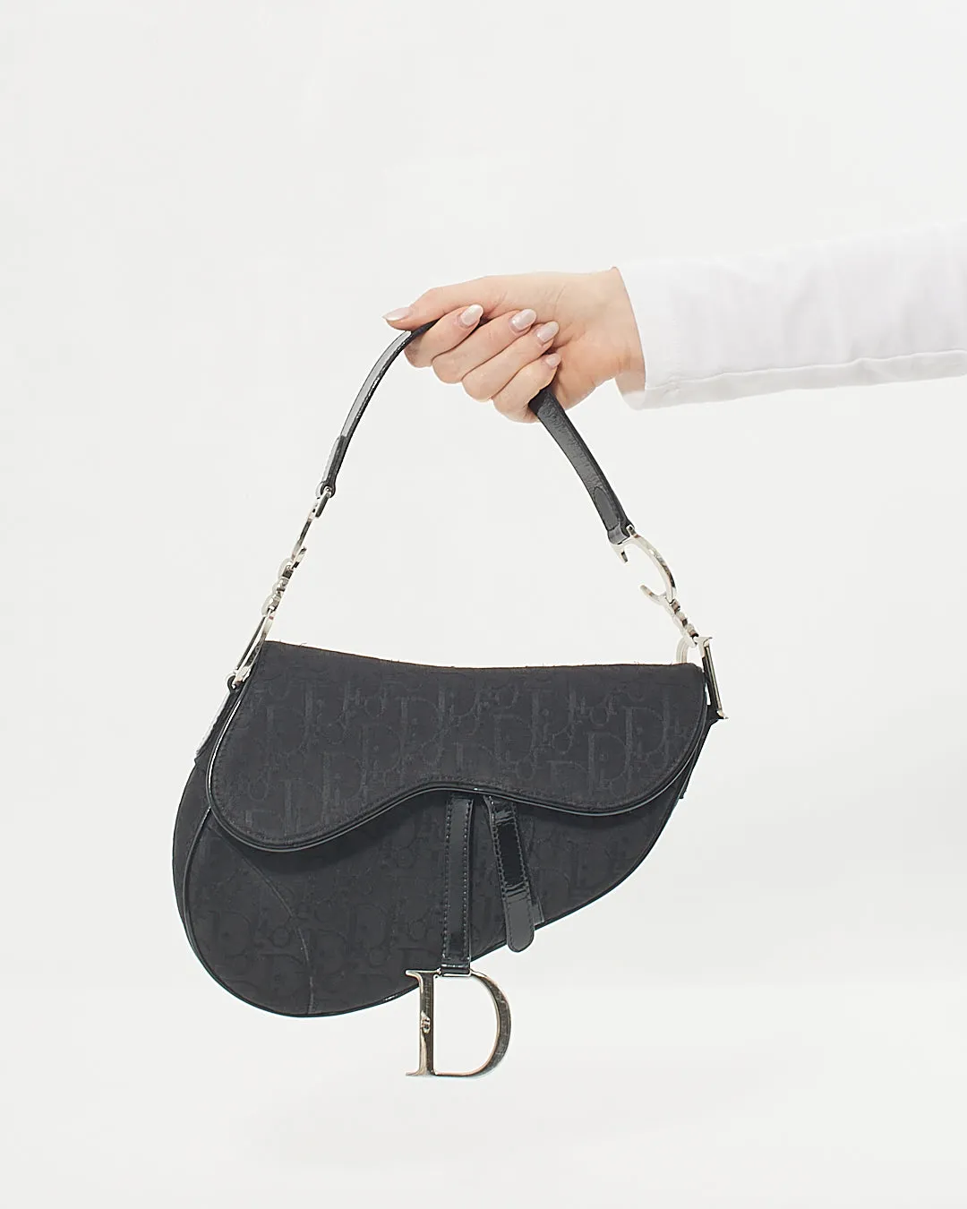 Dior Vintage Black Canvas Oblique Saddle Bag