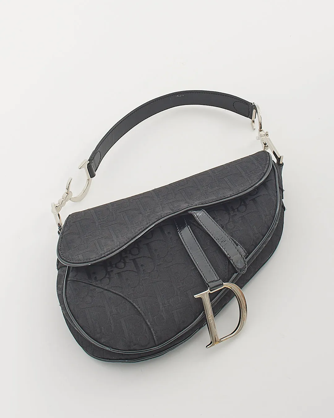 Dior Vintage Black Canvas Oblique Saddle Bag