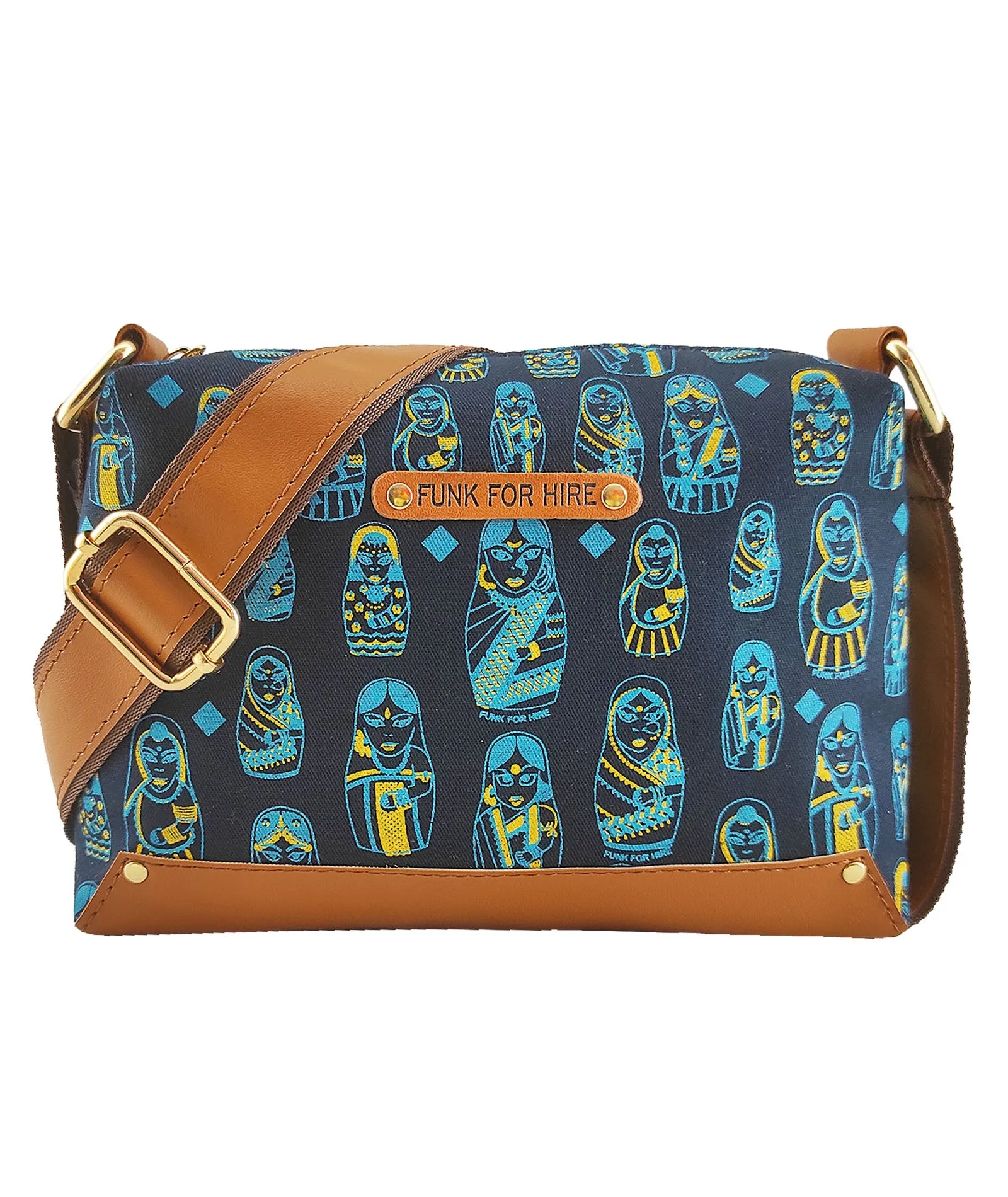Doll  Printed Canvas Box Sling Bag Navy