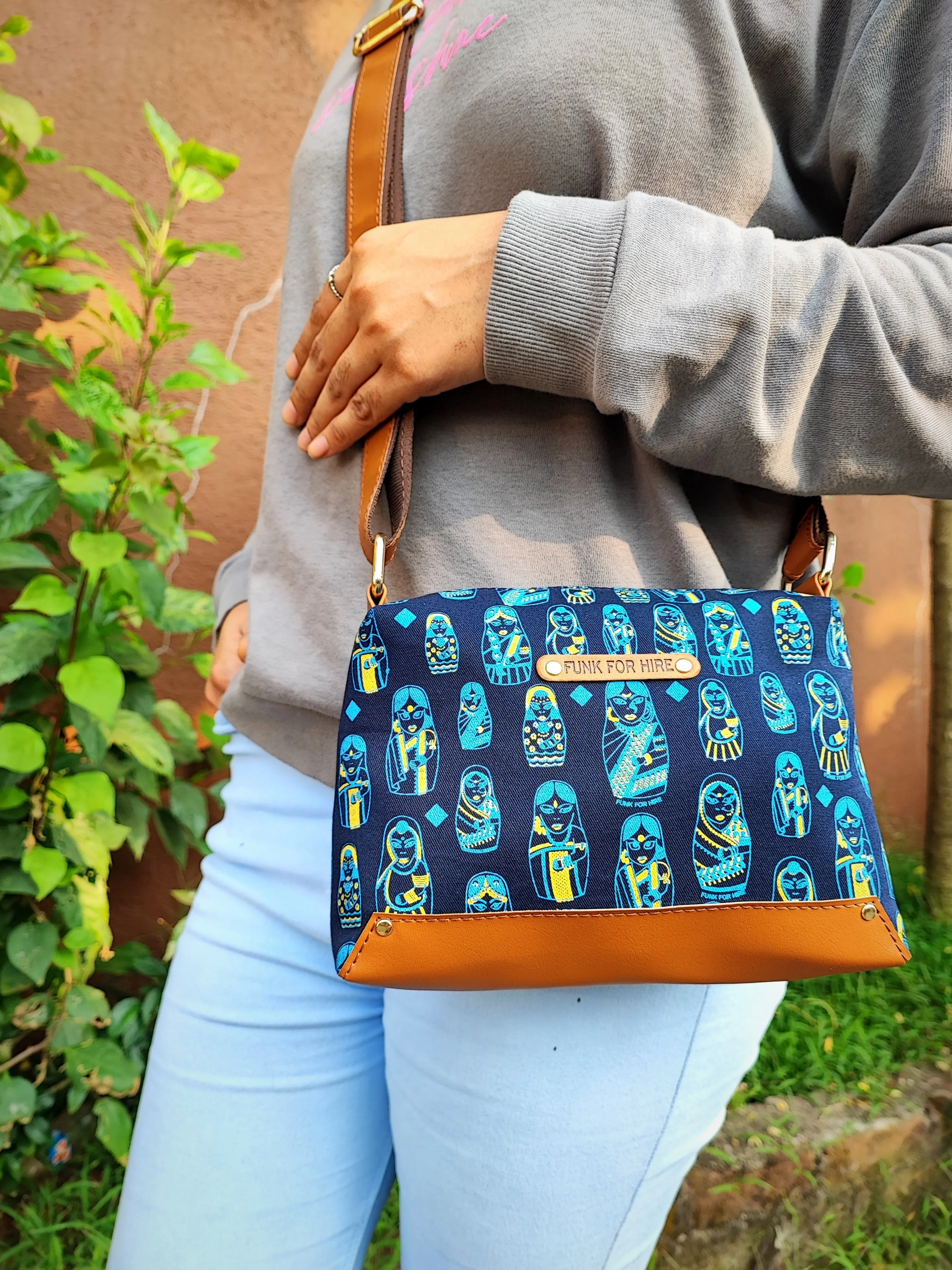 Doll  Printed Canvas Box Sling Bag Navy