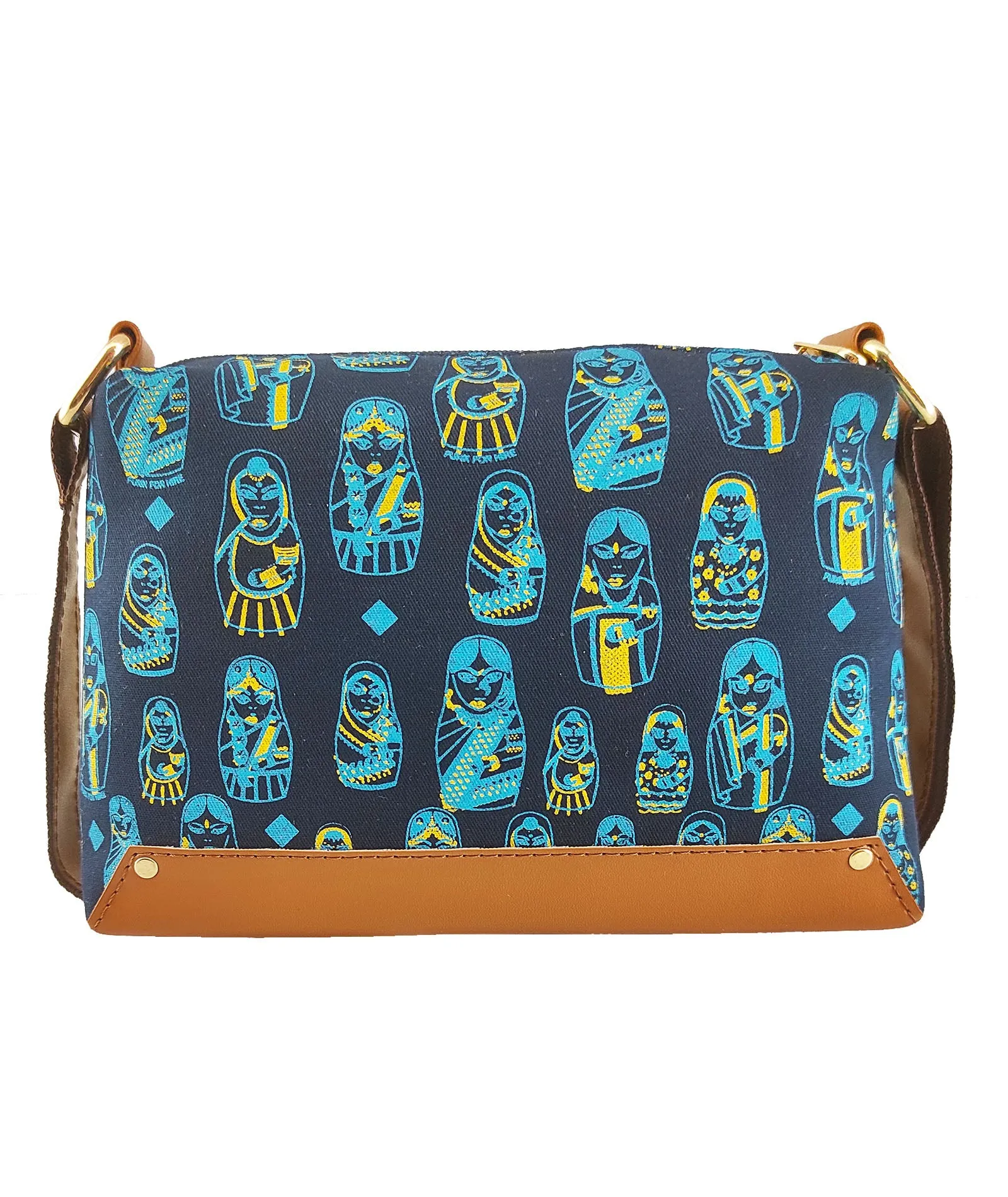 Doll  Printed Canvas Box Sling Bag Navy
