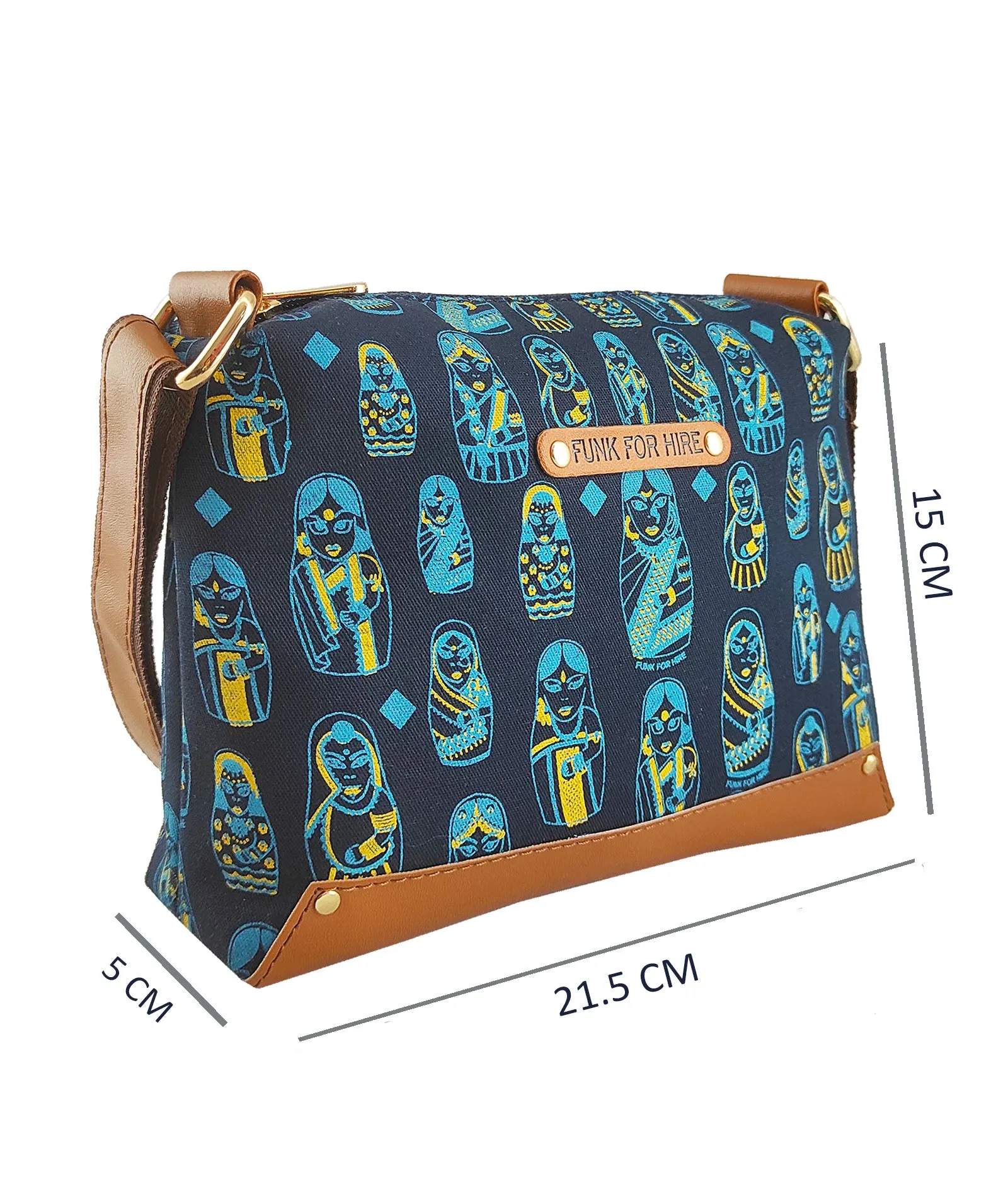 Doll  Printed Canvas Box Sling Bag Navy