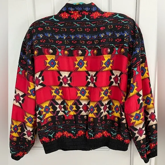 East West Silks Vintage 80s Silk Jacket Full Zip Aztec Southwestern Womens M