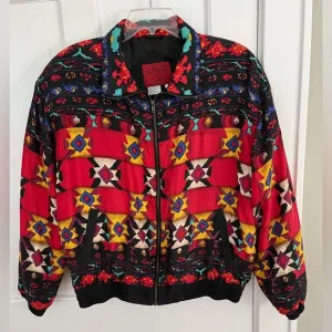 East West Silks Vintage 80s Silk Jacket Full Zip Aztec Southwestern Womens M