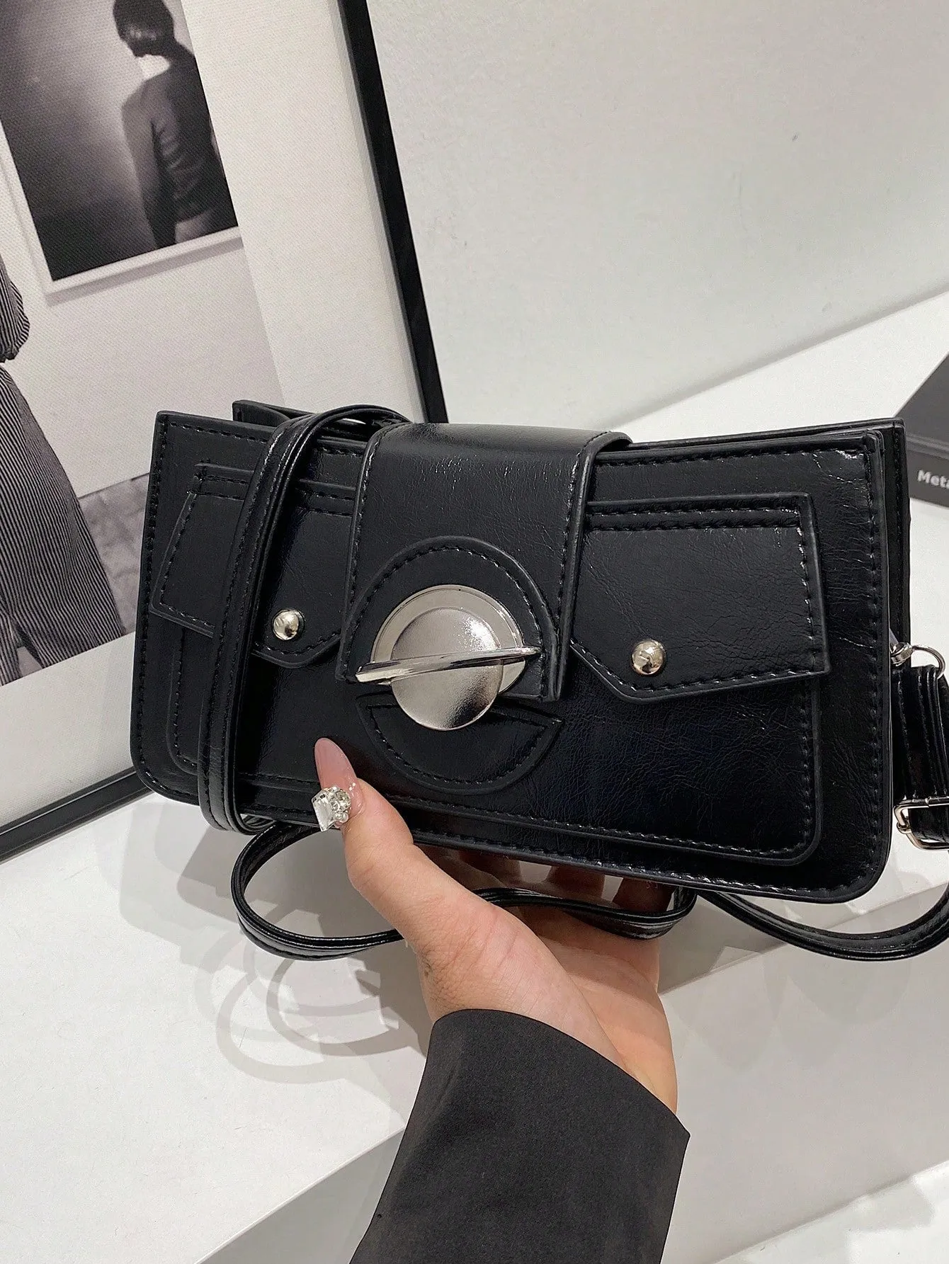 Embroidery Textured Soft Crossbody Bag - Black