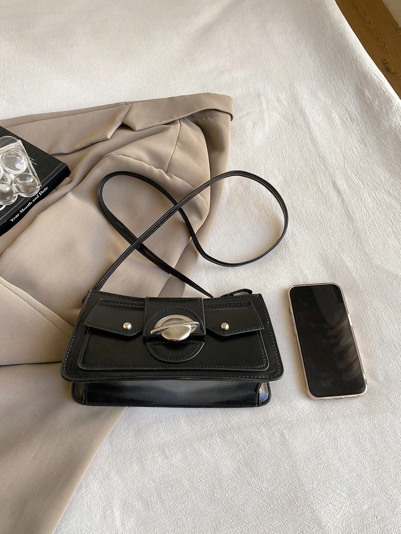 Embroidery Textured Soft Crossbody Bag - Black