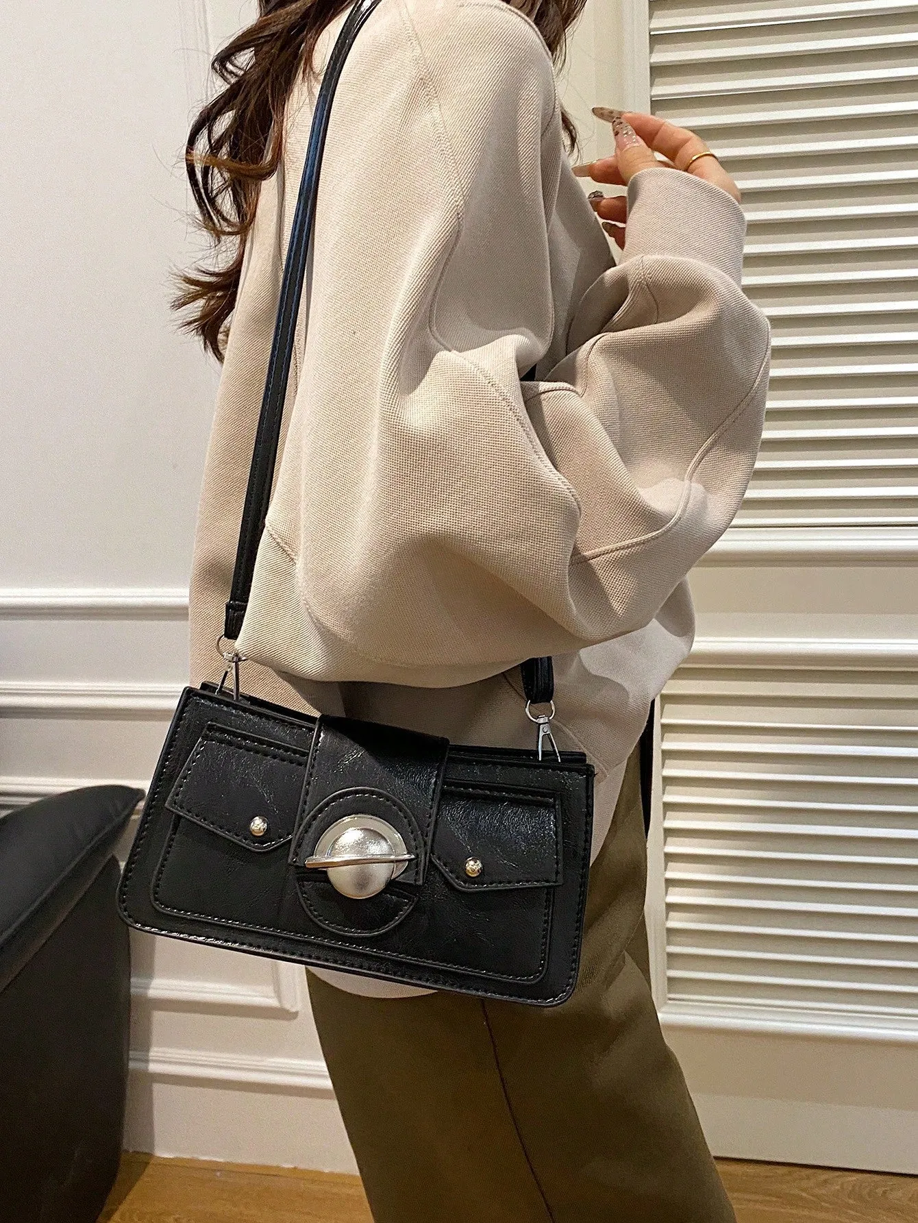 Embroidery Textured Soft Crossbody Bag - Black