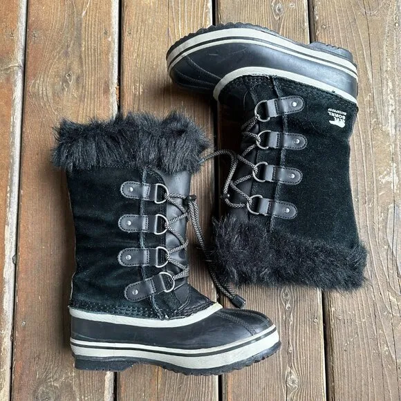 EUC SOREL Joan Of Arctic Black Leather Waterproof Lace Up  Snow Boot - Youth 4