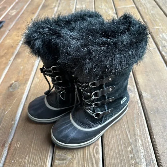 EUC SOREL Joan Of Arctic Black Leather Waterproof Lace Up  Snow Boot - Youth 4