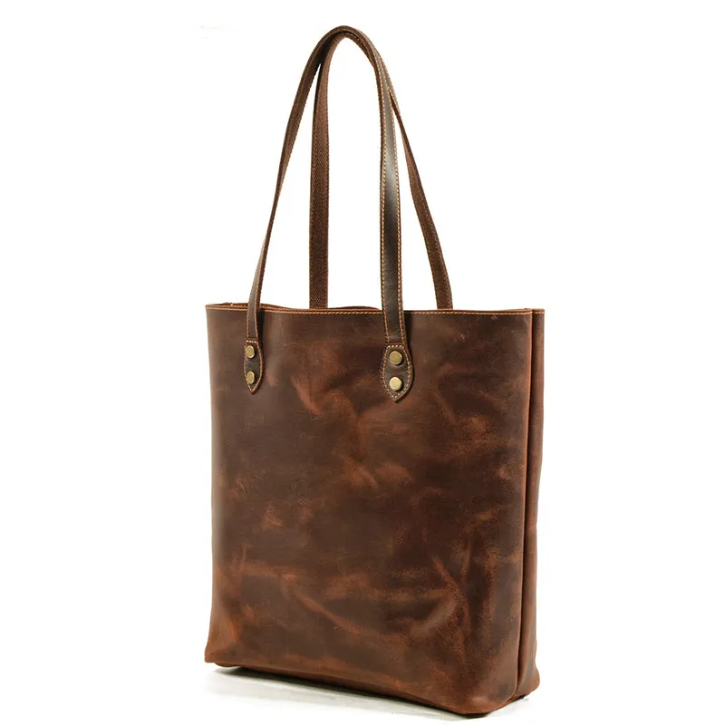 Full Grain Crazy Horse Leather Shoulder Bag Vintage Style Handbag Large Capacity Women Everyday Tote