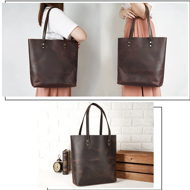 Full Grain Crazy Horse Leather Shoulder Bag Vintage Style Handbag Large Capacity Women Everyday Tote