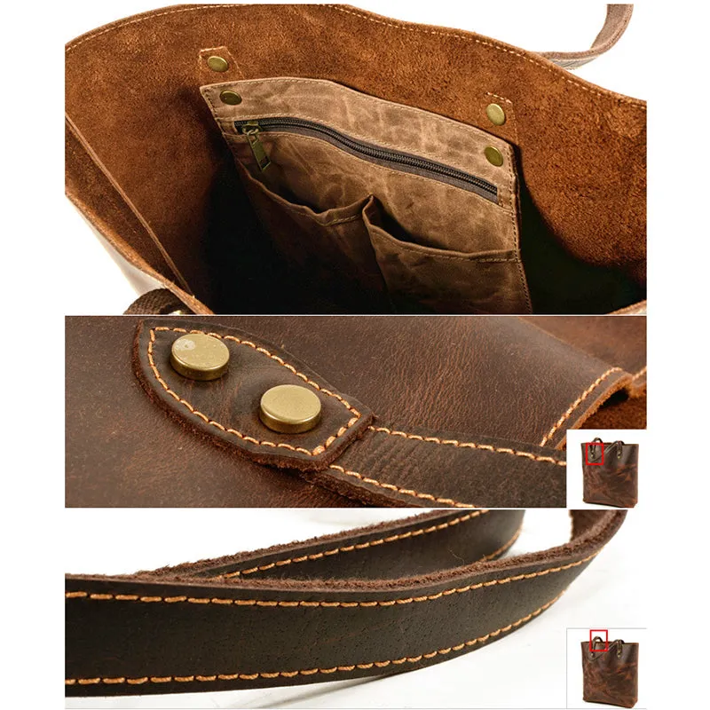 Full Grain Crazy Horse Leather Shoulder Bag Vintage Style Handbag Large Capacity Women Everyday Tote