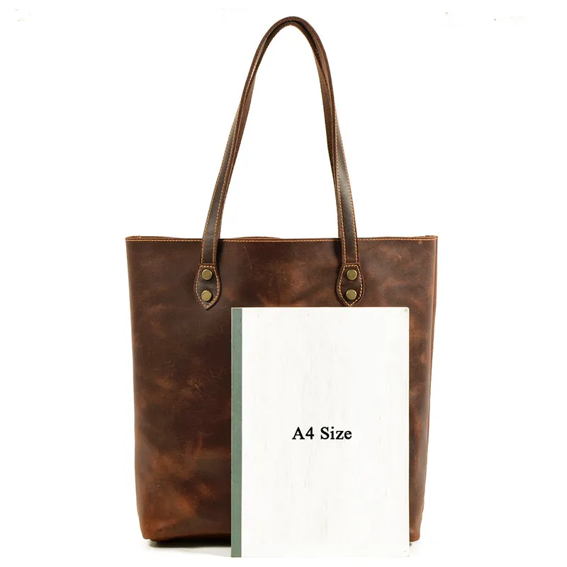 Full Grain Crazy Horse Leather Shoulder Bag Vintage Style Handbag Large Capacity Women Everyday Tote