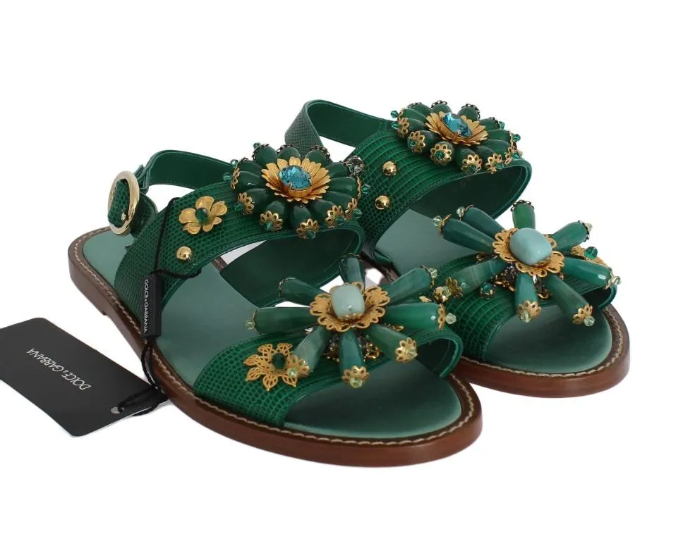 Green Leather Crystal Sandals