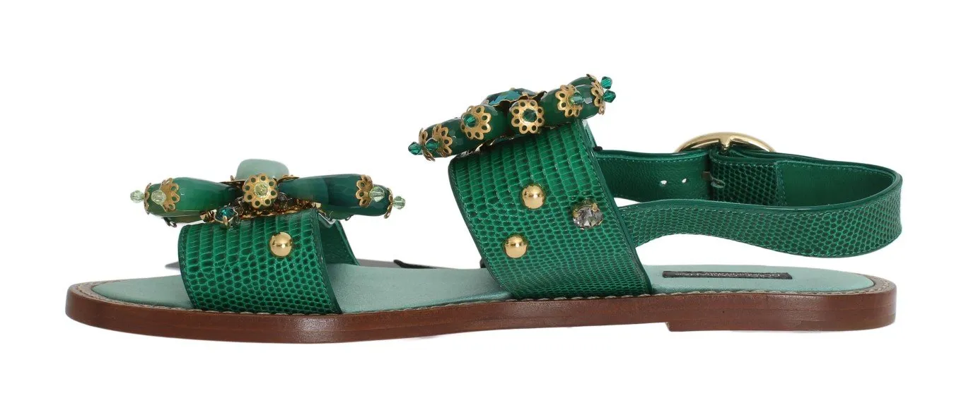 Green Leather Crystal Sandals