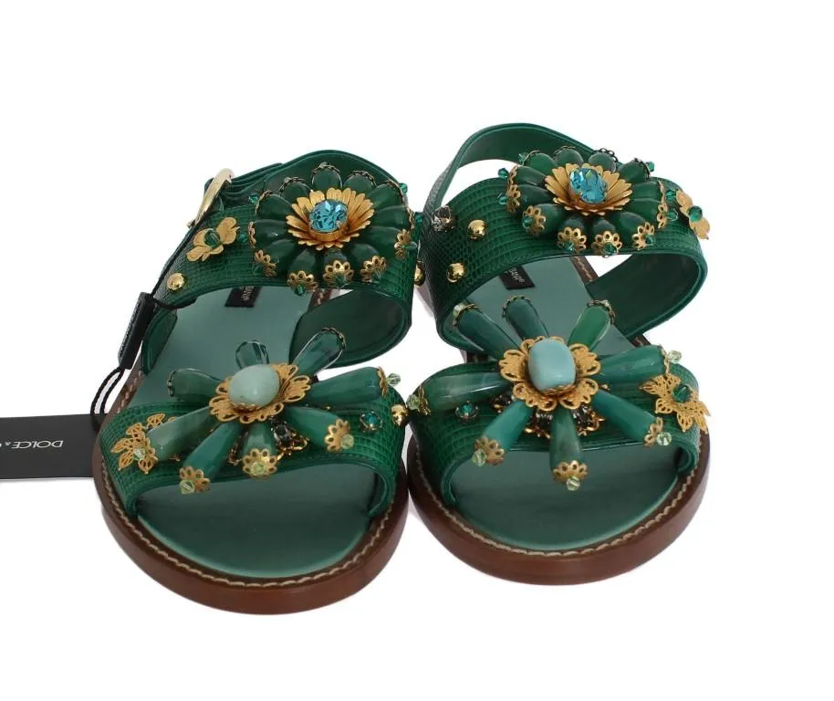 Green Leather Crystal Sandals