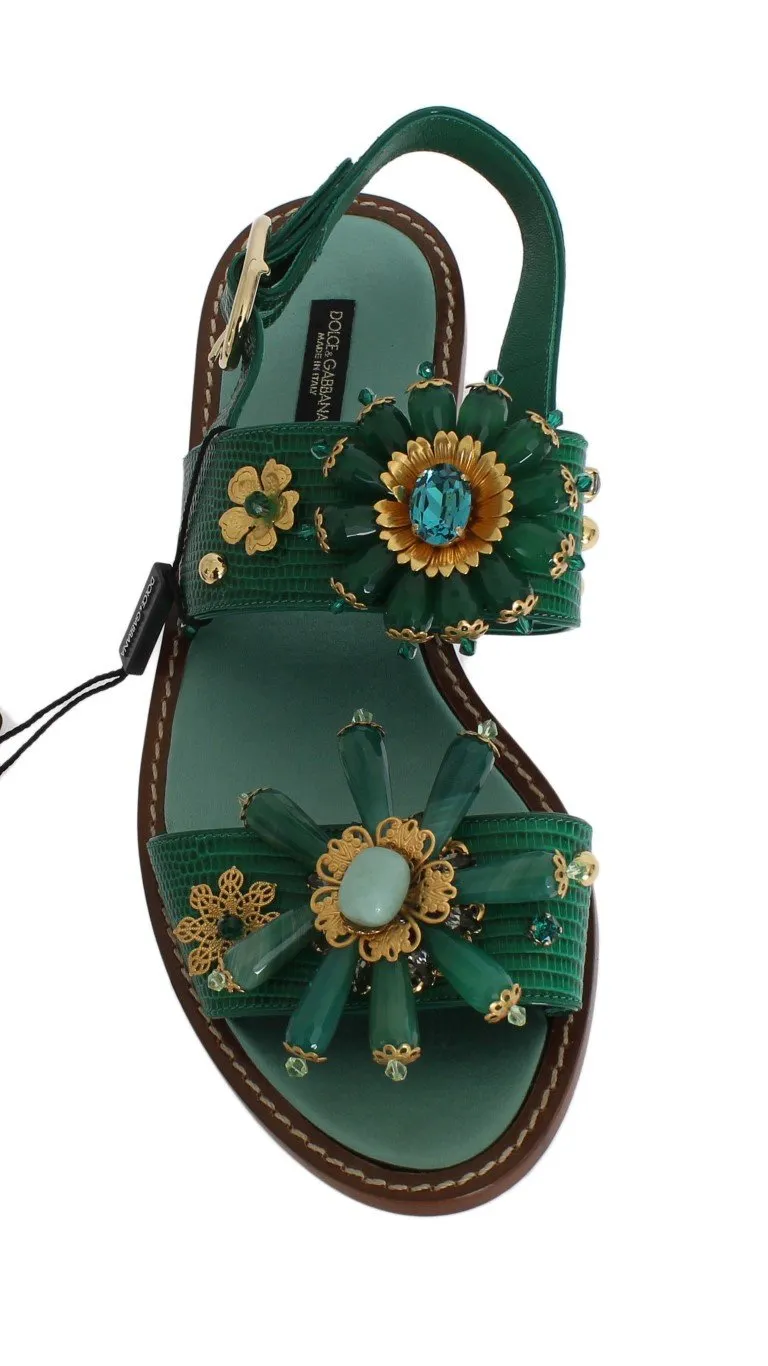 Green Leather Crystal Sandals