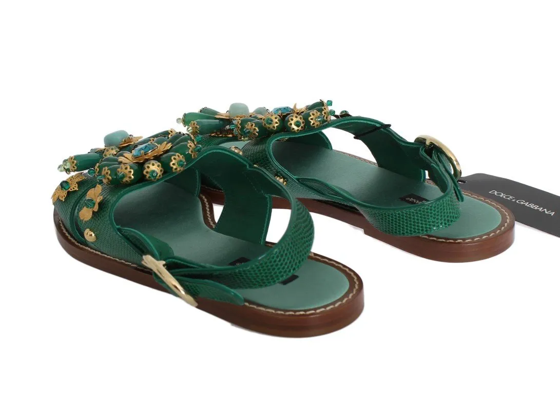 Green Leather Crystal Sandals