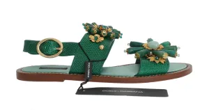 Green Leather Crystal Sandals