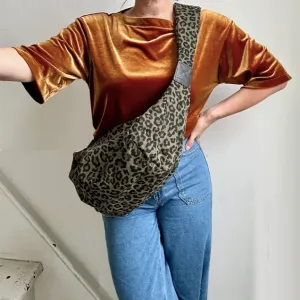 Green Leopard Print Cotton Sling Bag - Large