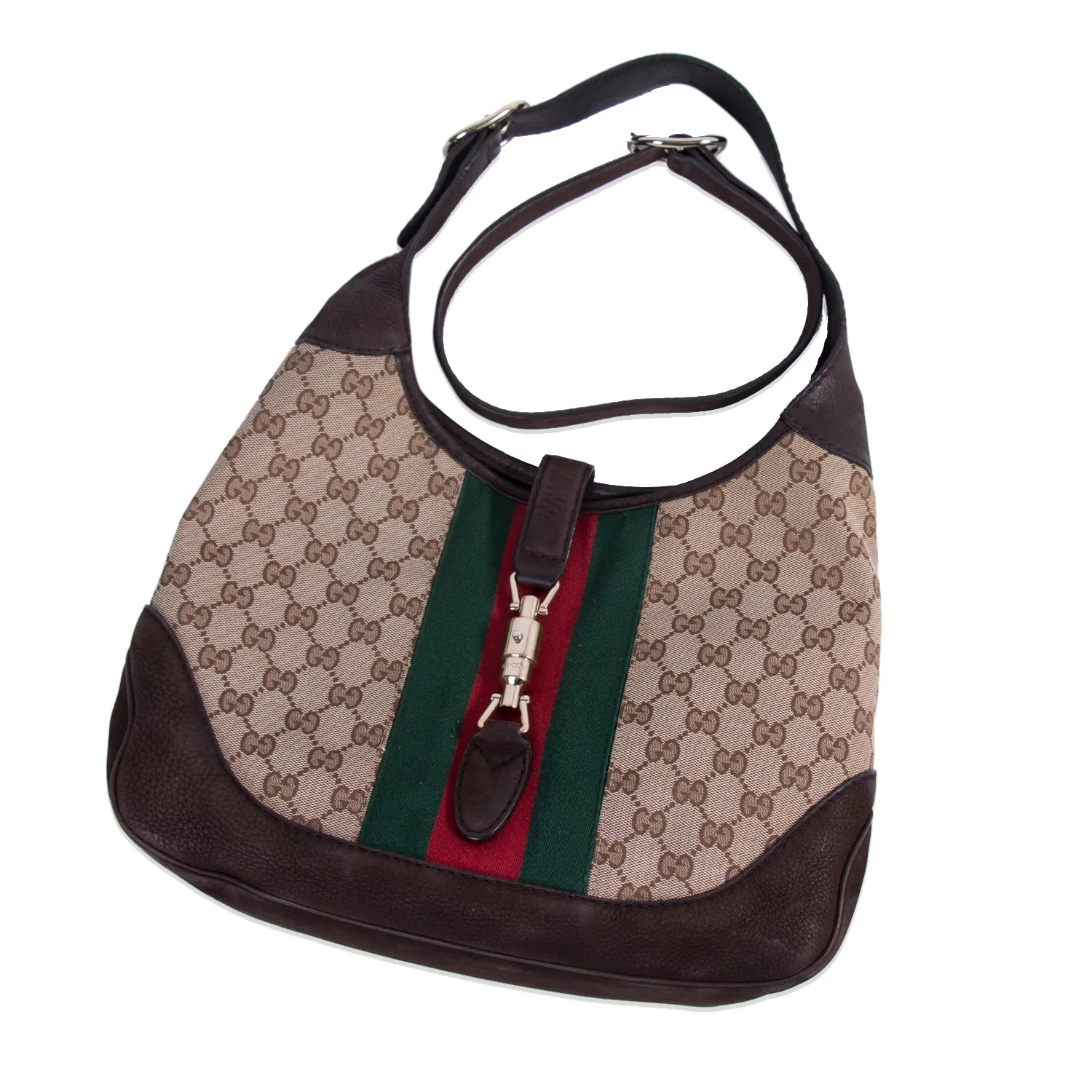 Gucci Jackie Web Stripe Canvas Suede Shoulder Bag