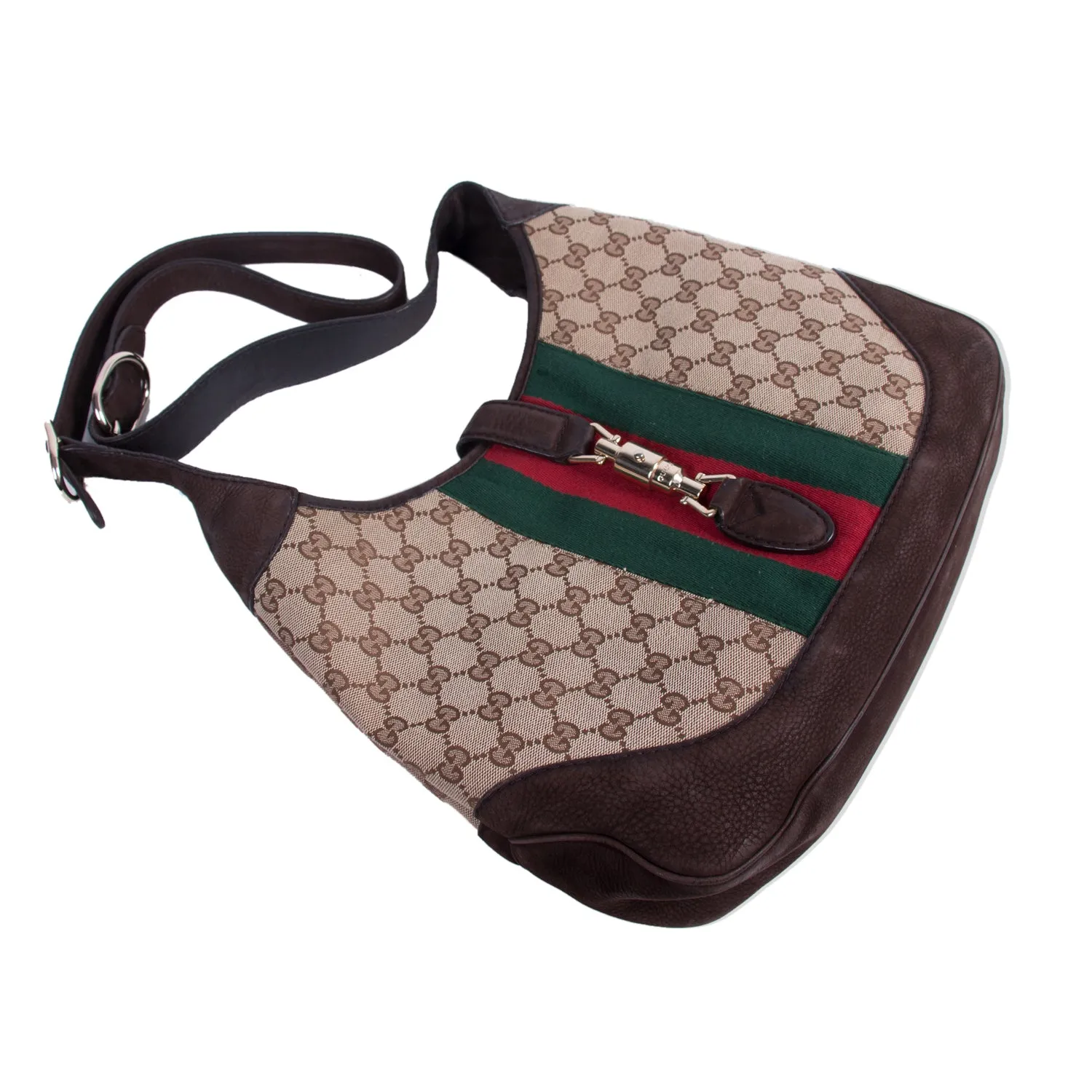 Gucci Jackie Web Stripe Canvas Suede Shoulder Bag