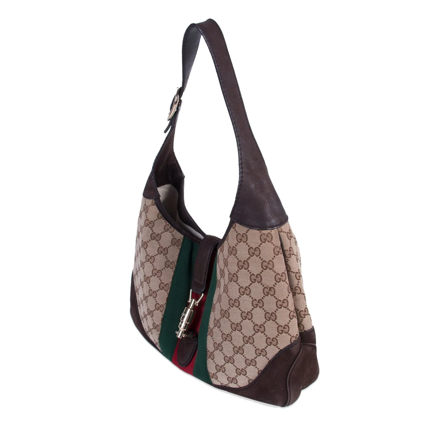 Gucci Jackie Web Stripe Canvas Suede Shoulder Bag
