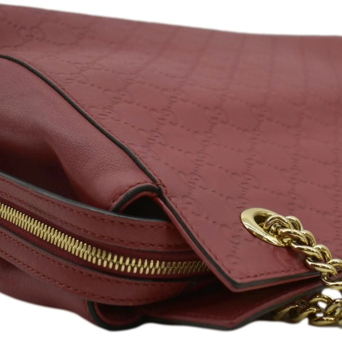 GUCCI Large Soft Signature Leather Chain Shoulder Tote Bag Red 453771