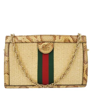GUCCI Ophidia Small Raffia Elaphe Chain Shoulder Bag Beige 503877