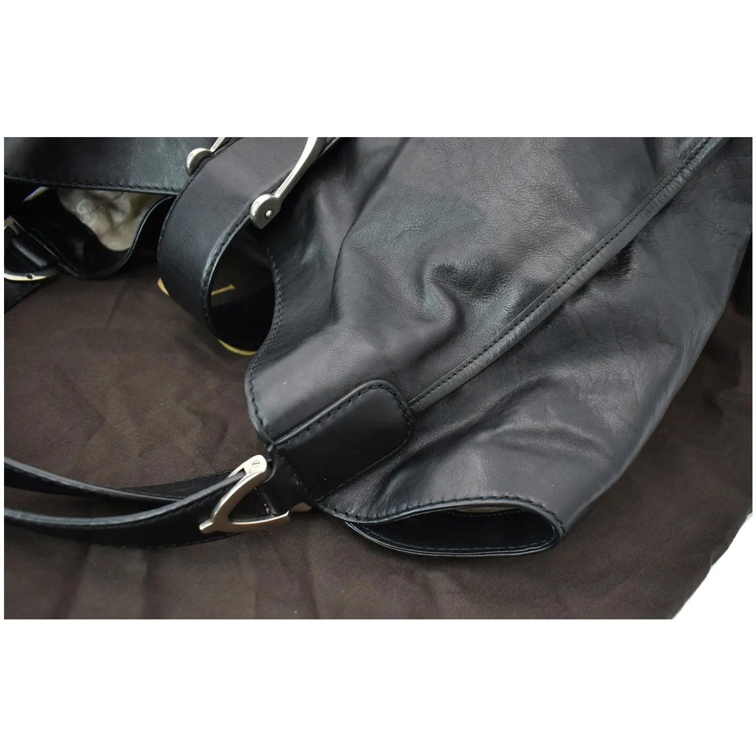 GUCCI Soft Stirrup Leather Shoulder Bag Black 296856