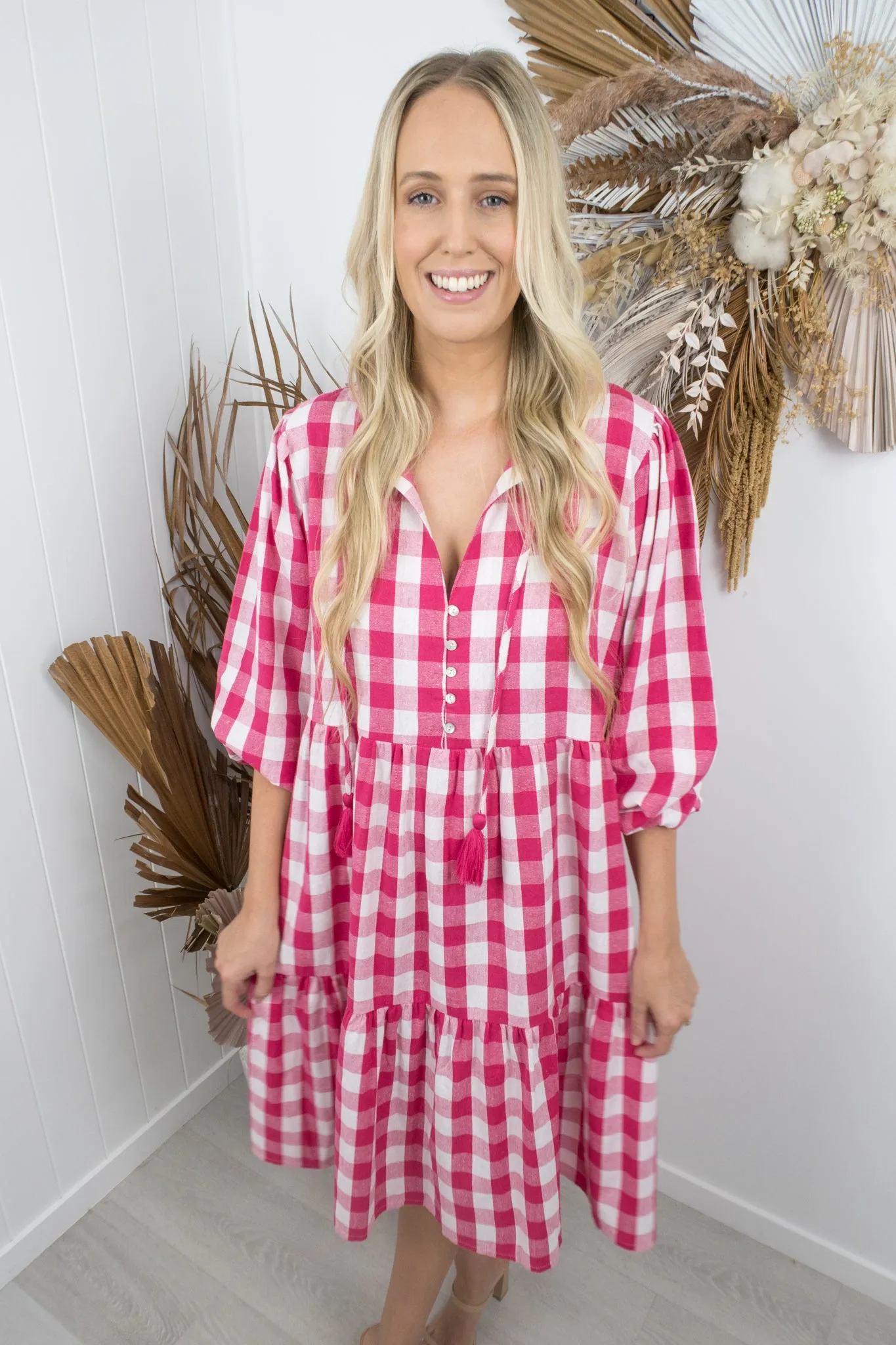 Kenzie Dress -Gingham pink/white