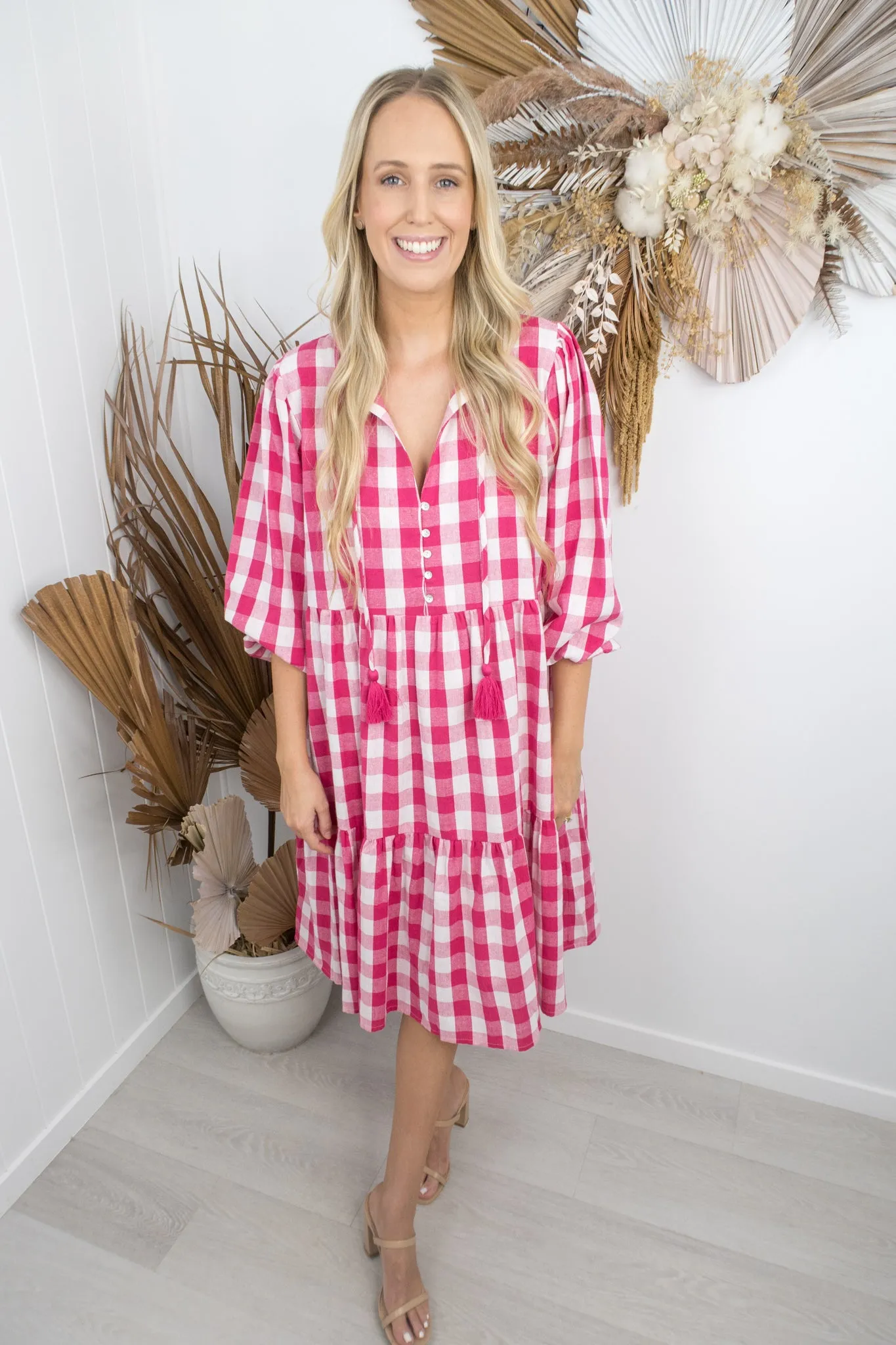 Kenzie Dress -Gingham pink/white
