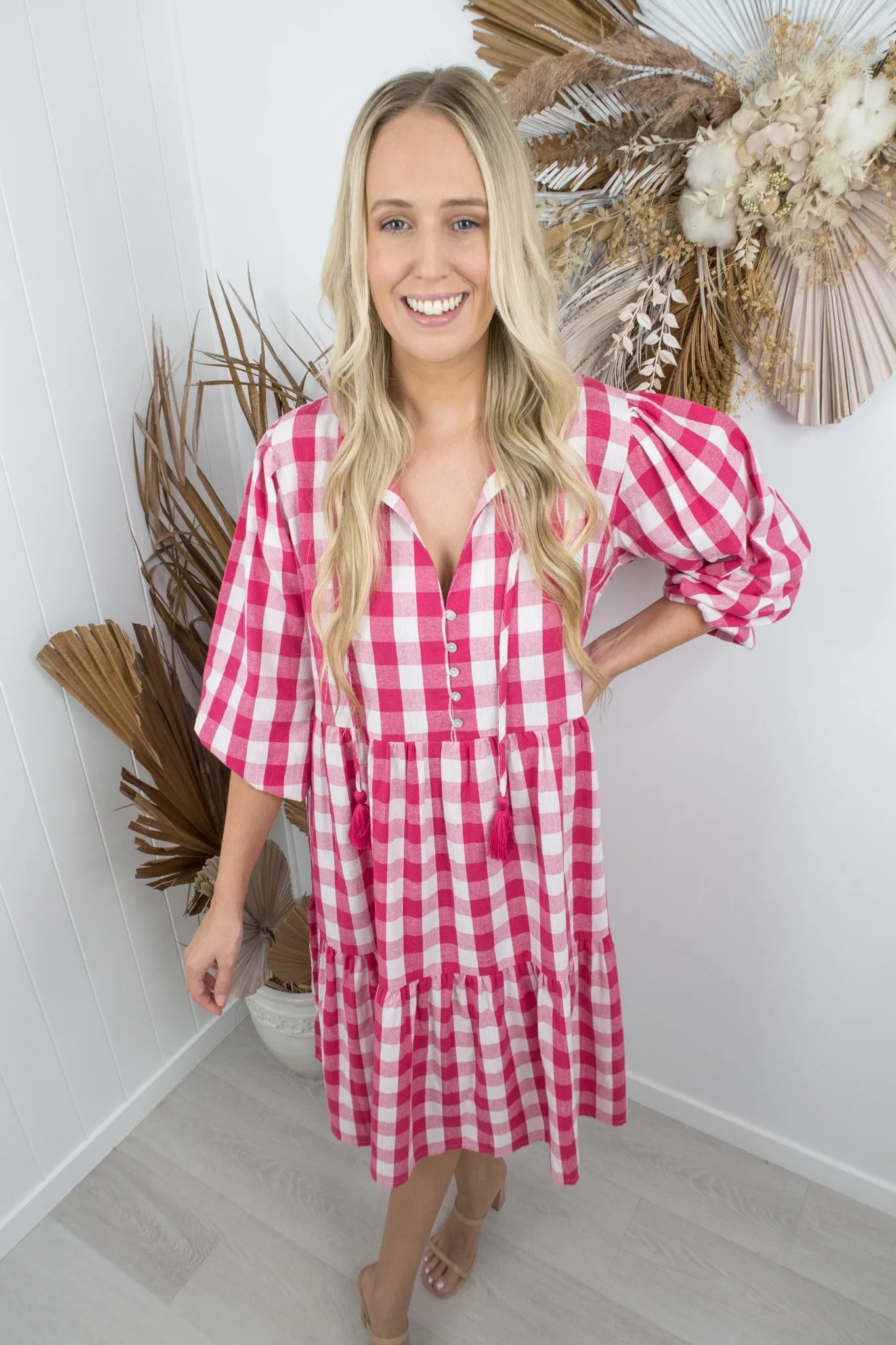 Kenzie Dress -Gingham pink/white