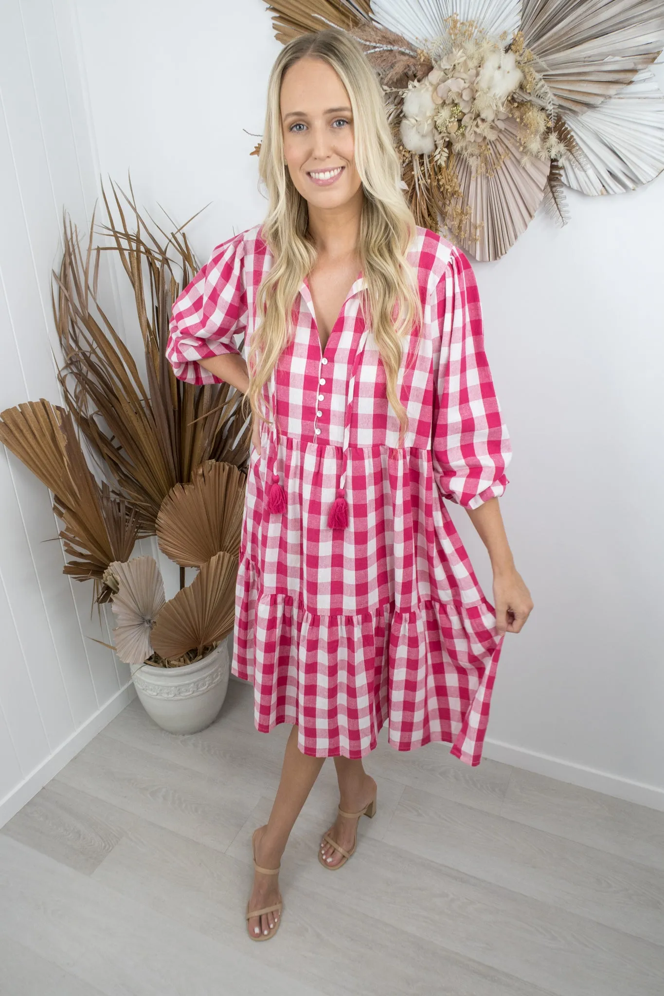 Kenzie Dress -Gingham pink/white