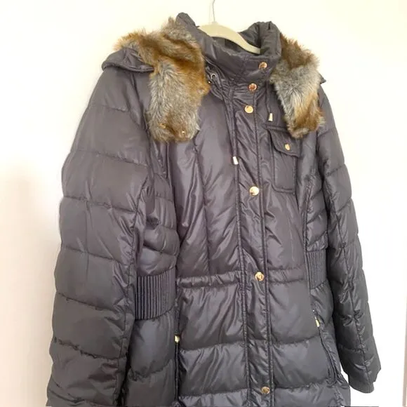 Laundry by Design Puffer Coat Jacket Gray Faux Fur Trim Removable Hood Sz 1X