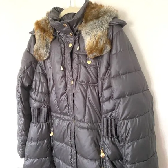 Laundry by Design Puffer Coat Jacket Gray Faux Fur Trim Removable Hood Sz 1X