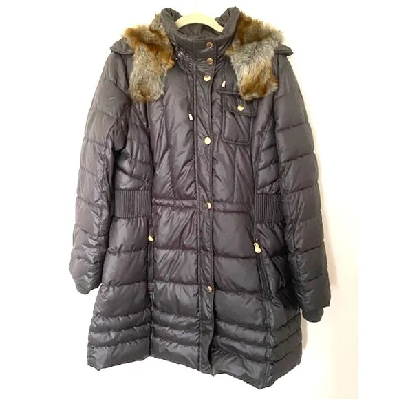 Laundry by Design Puffer Coat Jacket Gray Faux Fur Trim Removable Hood Sz 1X